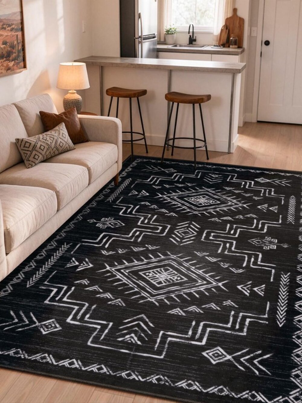 Washable 8x10 Black and White Area Rug for Living Room, Western Aztec Tribal